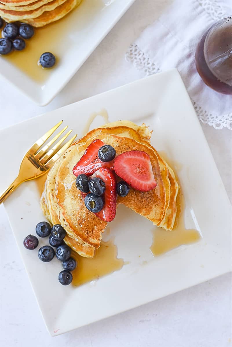 overhead shot of pancakes on a plate