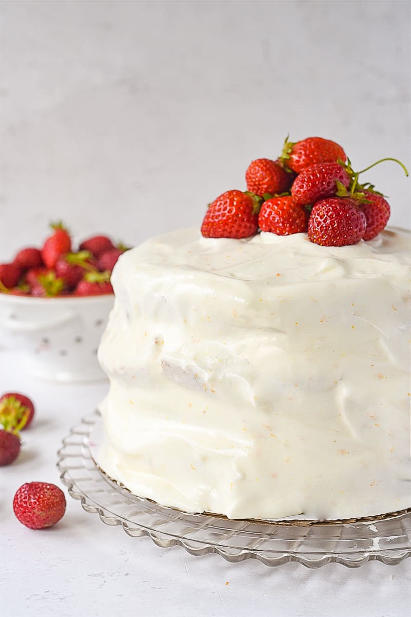 layered strawberry cake with 7 minute frosting