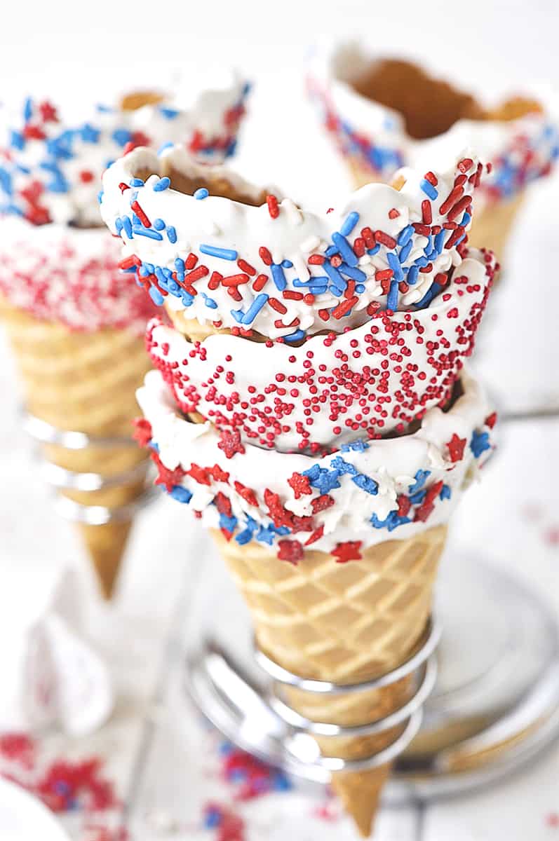 stack of chocolate dipped waffle cones