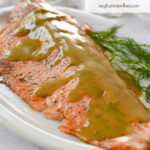 piece of marinated salmon with sauce on top