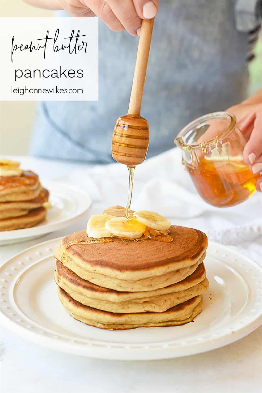 drizzling honey on pancakes