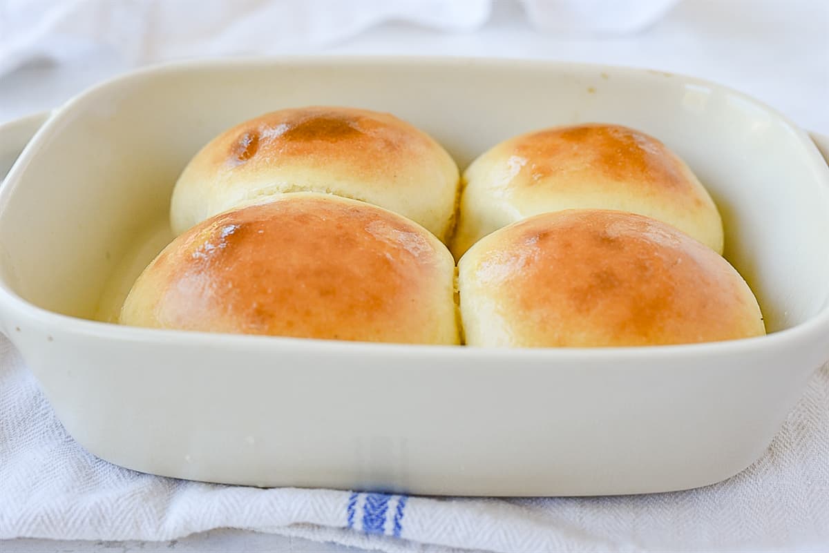 side view of a pan of rolls