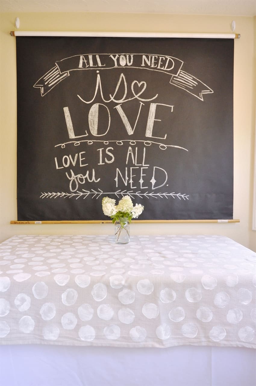 chalkboard party backdrop hanging on wall