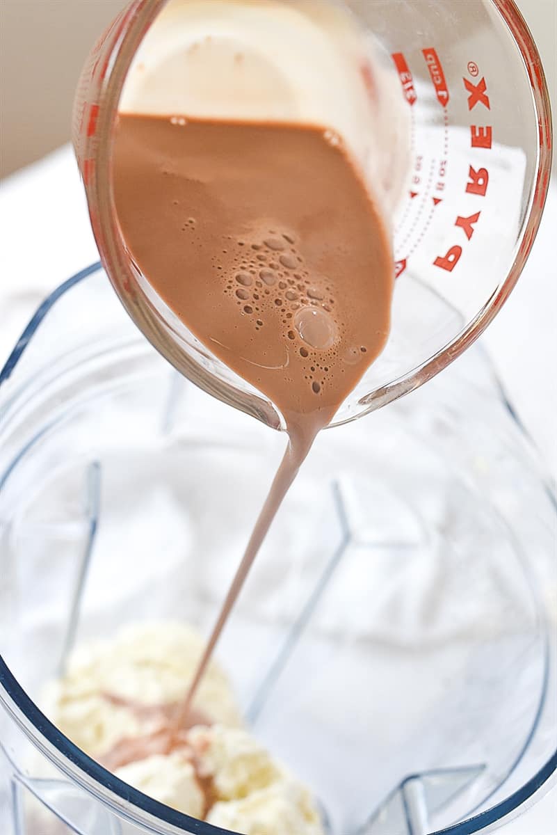 pouring chocolate milk into blender