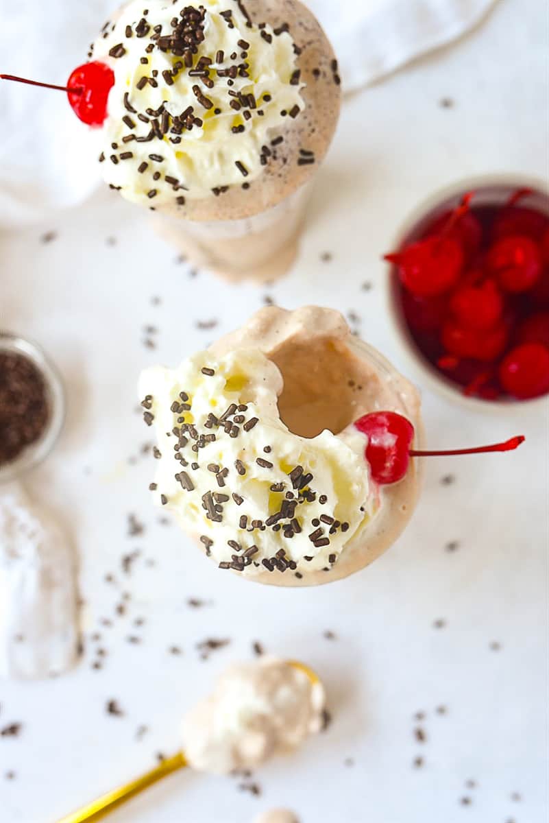 overhead shot of two milkshakes