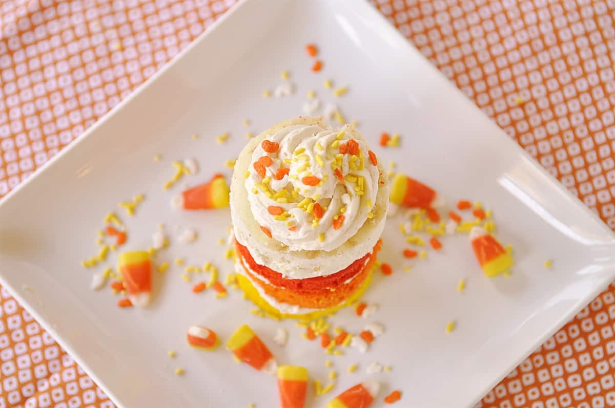 overhead shot of candy corn cake