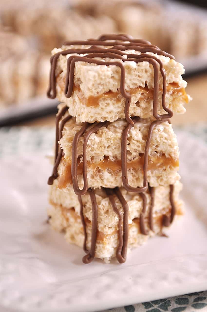 stack of caramel rice krispie treats