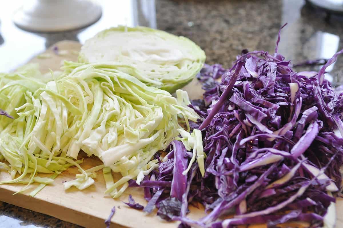 cut up cabbage on a cutting board