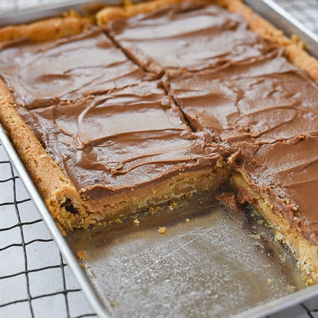 pan of peanut butter bars with one missing