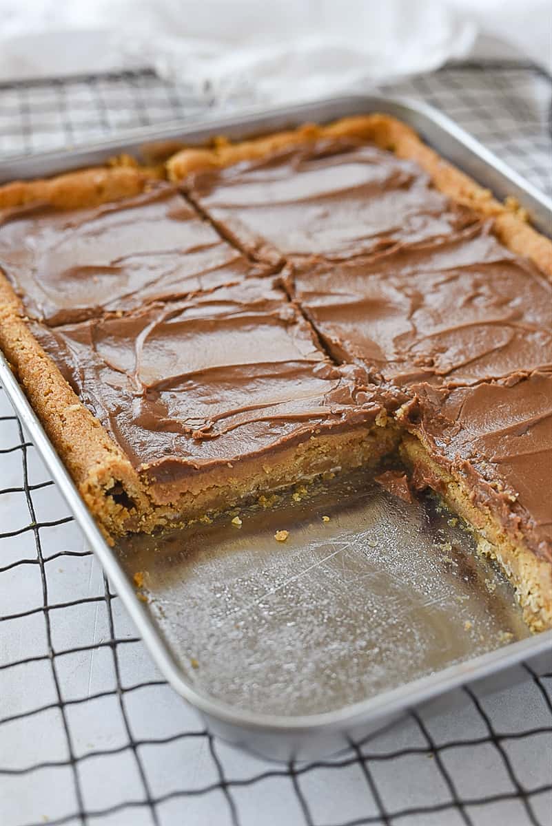 pan of peanut butter bars with one missing