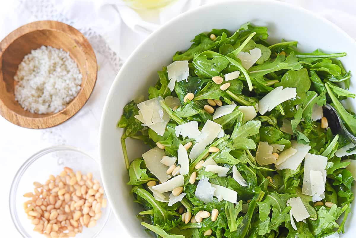 overhead view of arugula salad