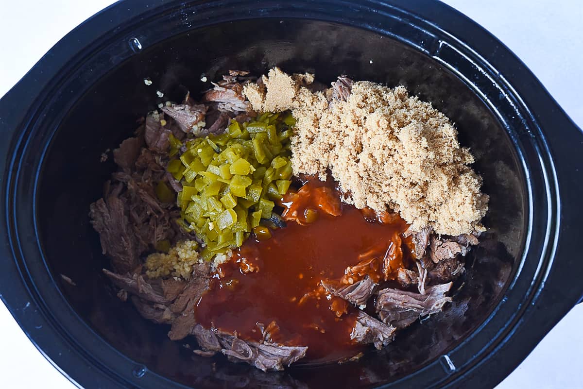 overhead view of sweet pork in the crockpot
