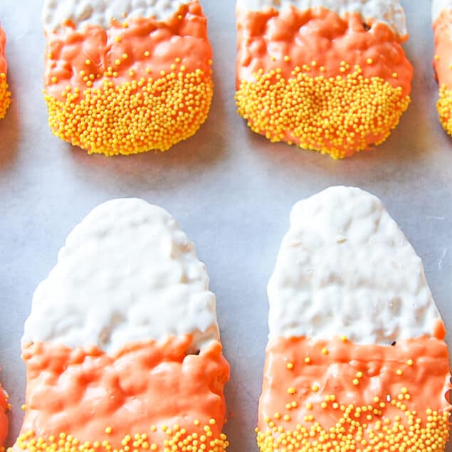 overhead shot of candy corn rice krispie treats