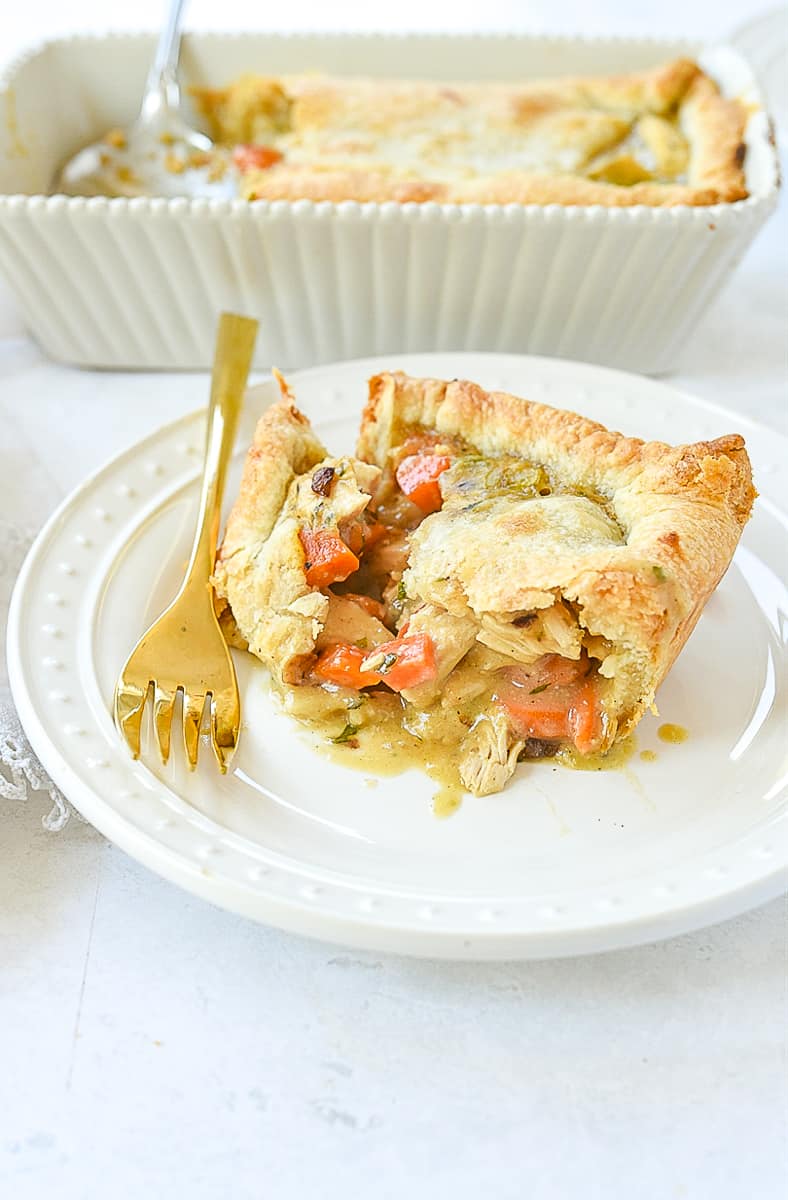 piece of chicken pot pie on a plate