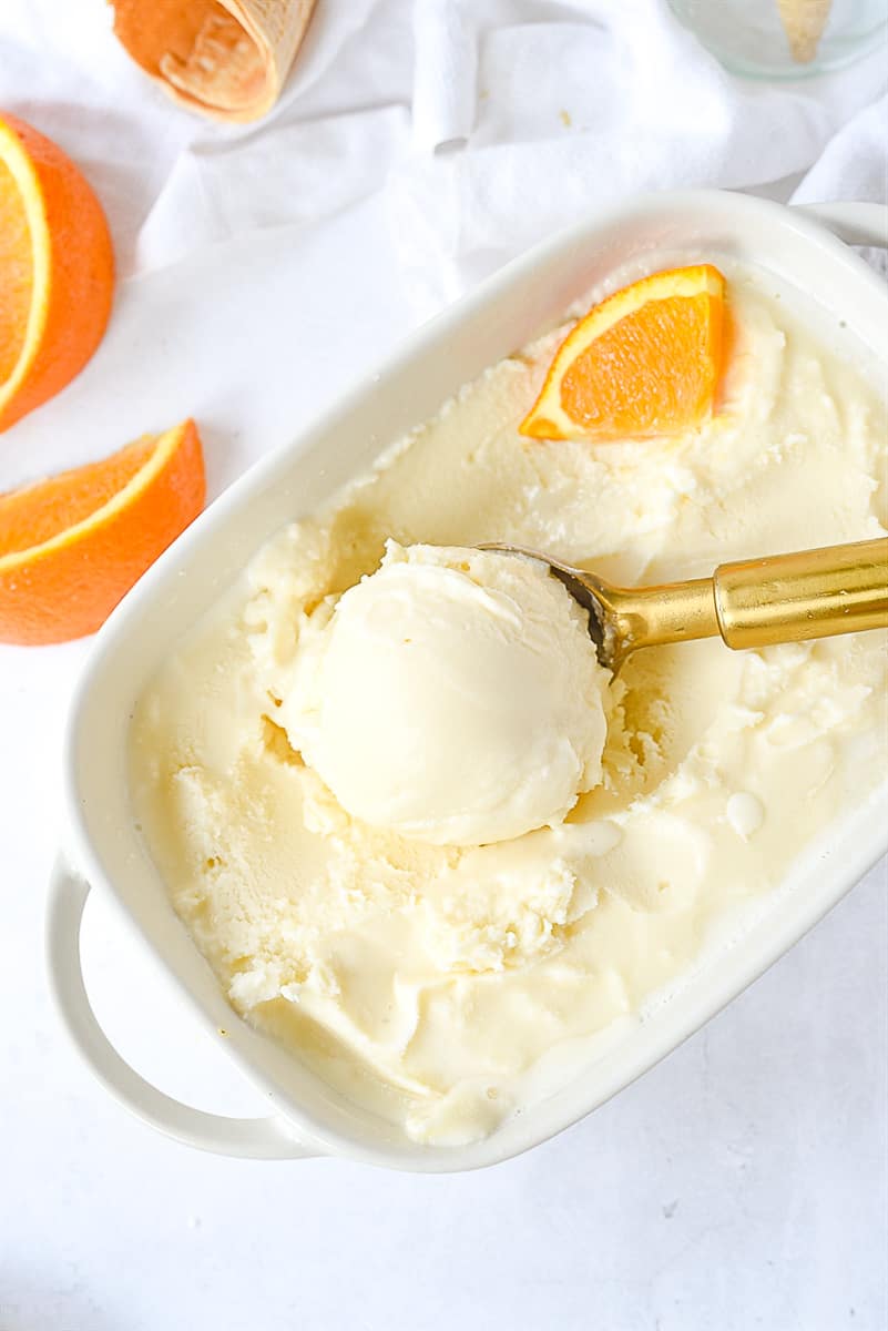 overhead shot of a dish of creamsicle ice cream