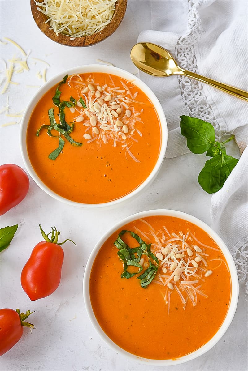 overhead shot of bowls of tomato soup