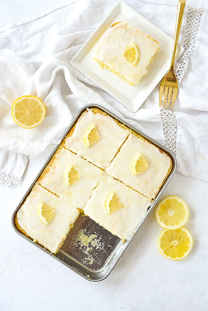 overhead shot of lemon sheet cake for two