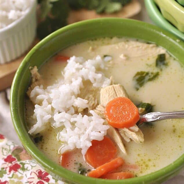 Tom Gha soup in green bowl