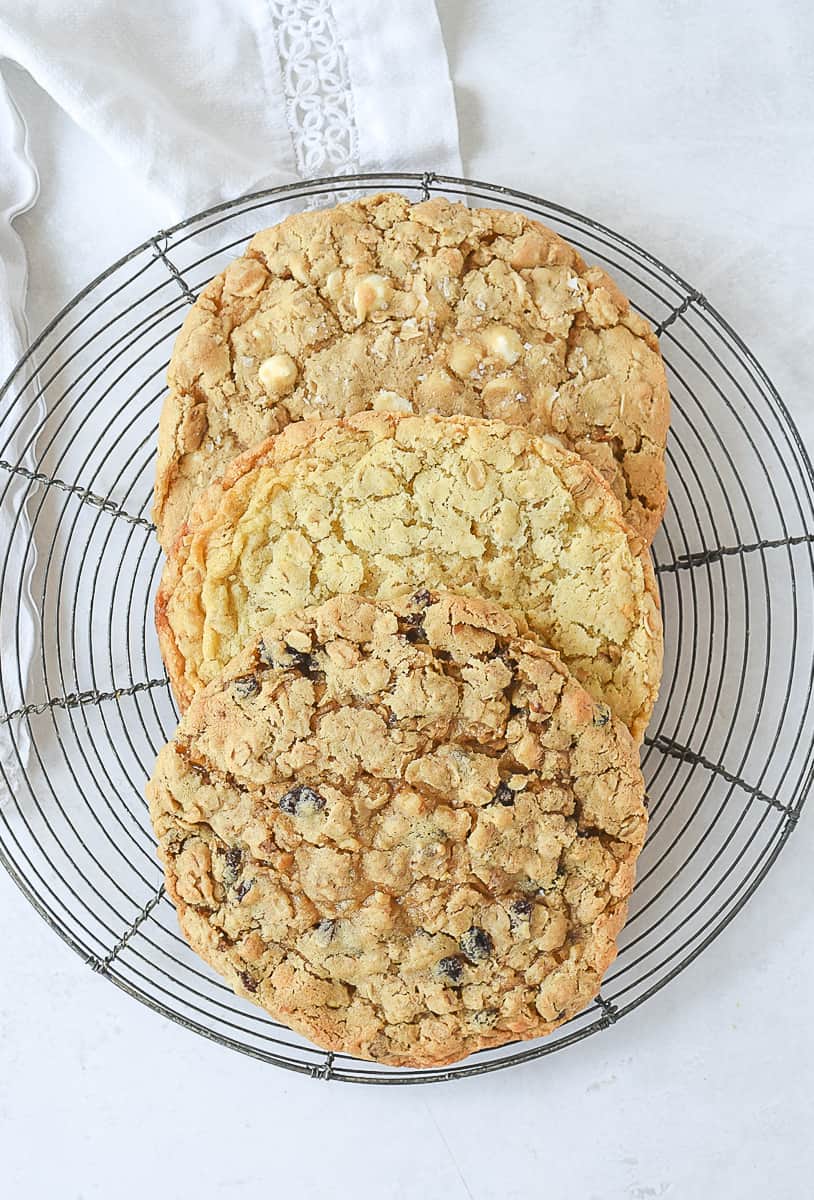 overhead shot of 3 different oatmeal cookies