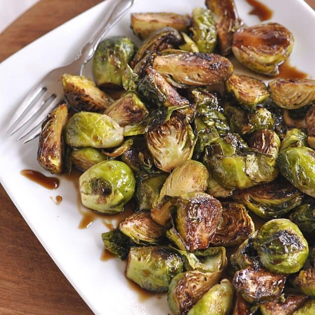 overhead shot of teriyaki brussels sprouts