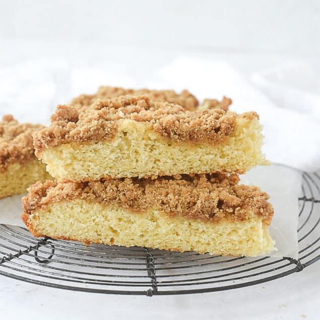 two pieces of coffee cake stacked up