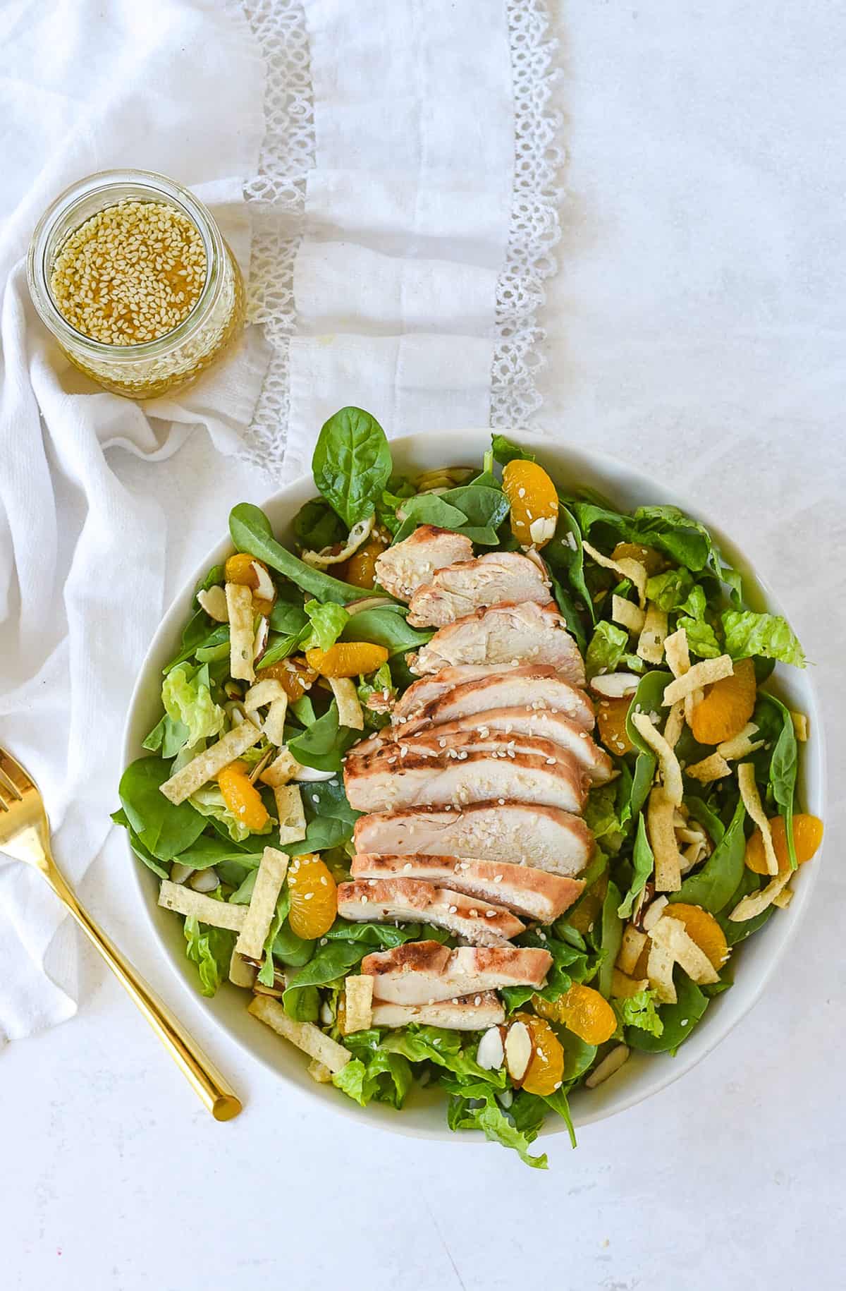 overhead shot of a bowl of asian chicken salad