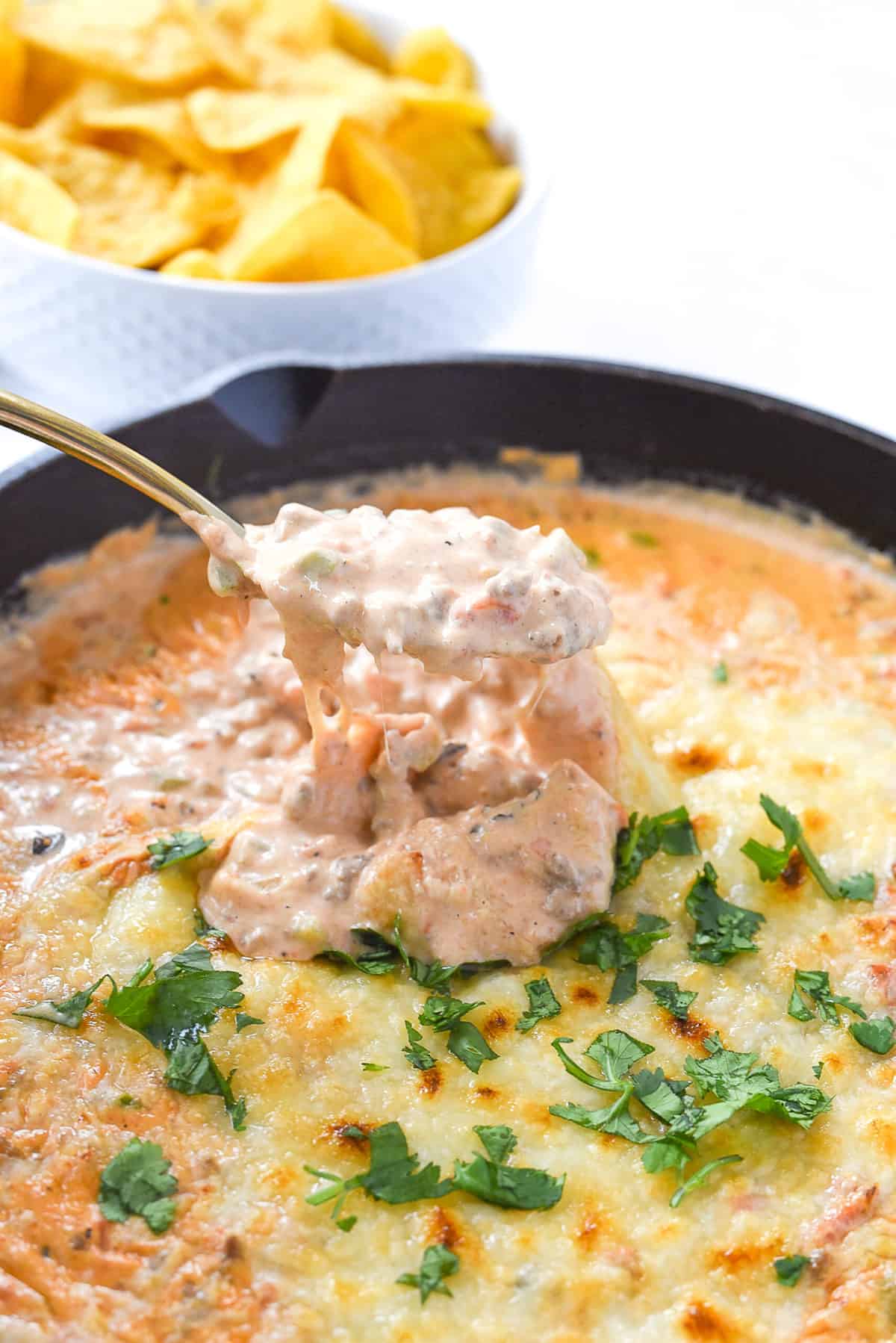 spoonful of chili con queso dip