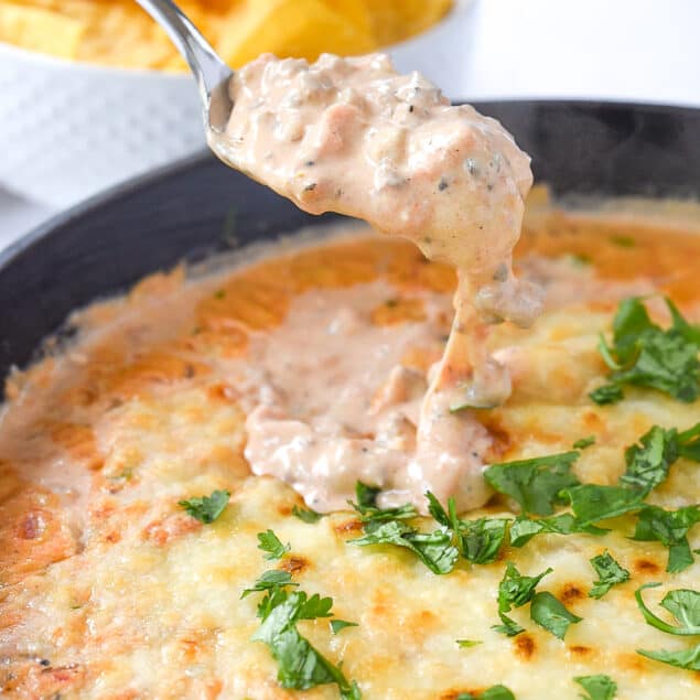 spoonful of chili con queso dip