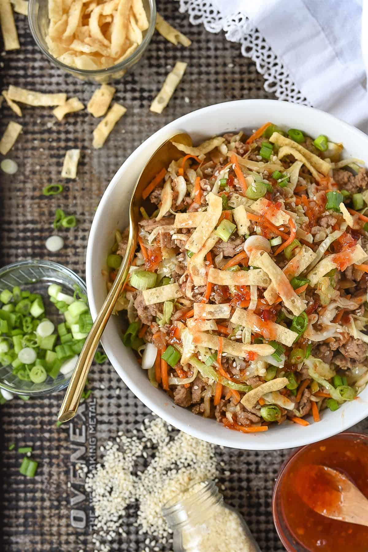 finished shot of eggroll in a bowl