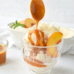 drizzling peach ice cream with caramel sauce