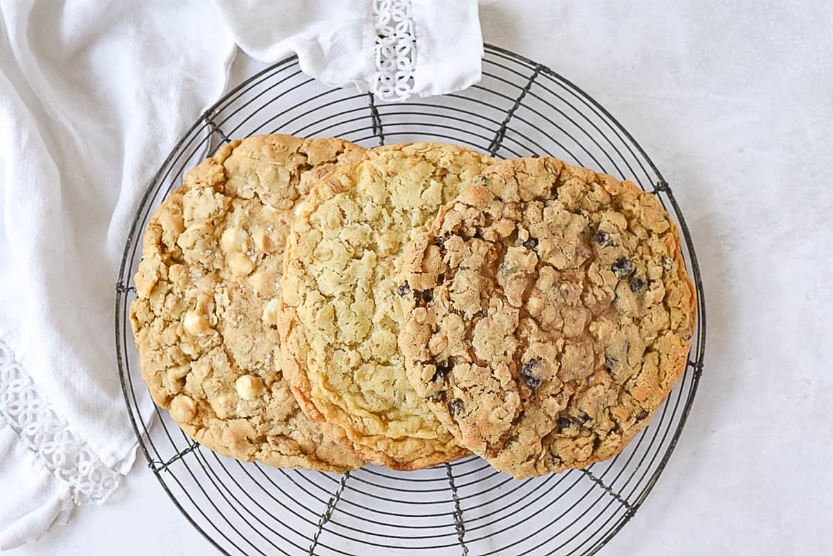 3 giant oatmeal cookie son a cooling rack