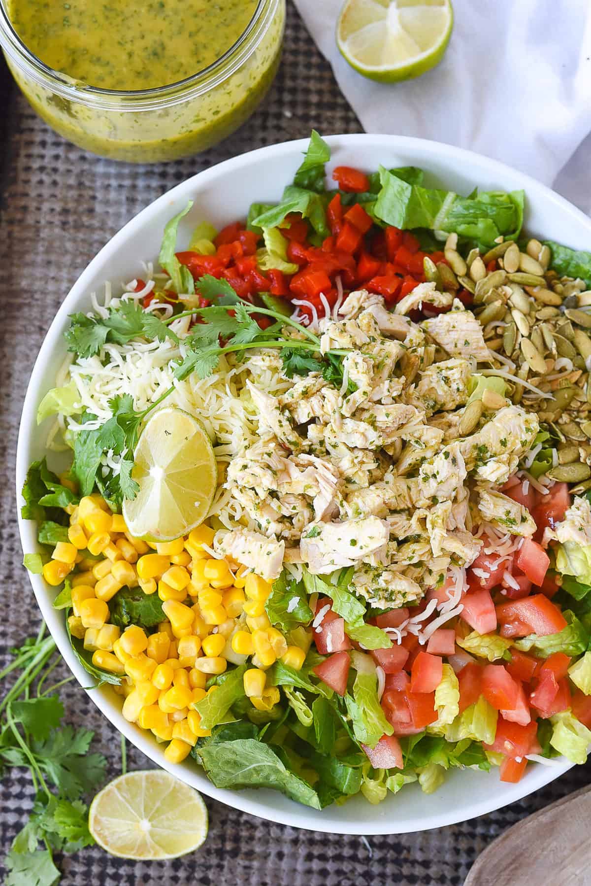 overhead shot of bowl of lime cilantro salad