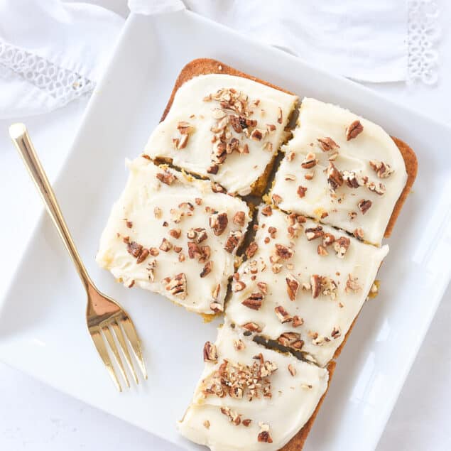 plate of pumpkin bars with one missing