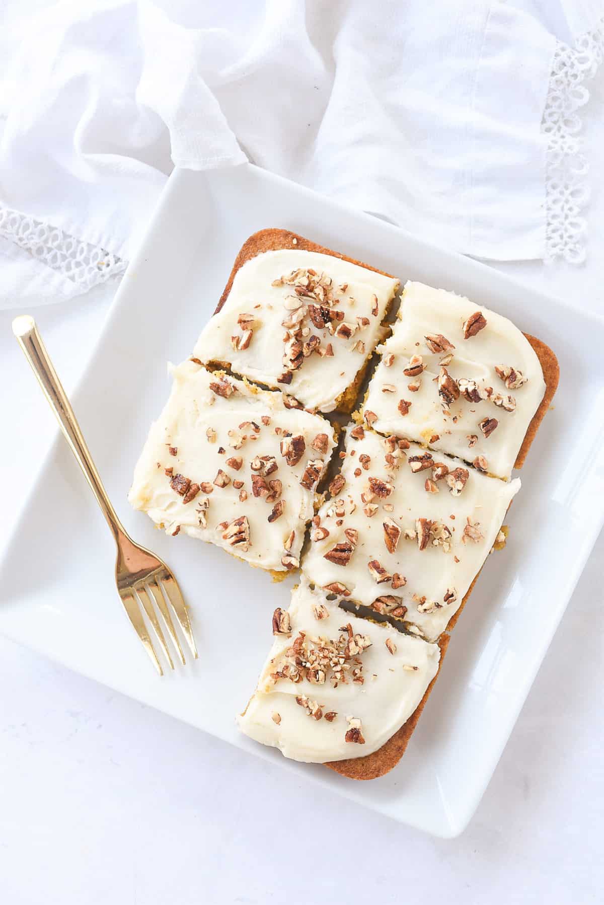 plate of pumpkin bars with one missing