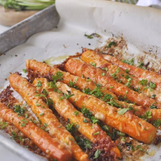 roasted carrots on parchment paper