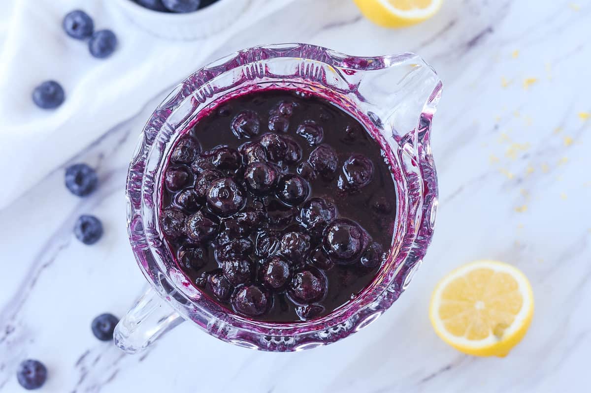 overhead shot of a bowl of blueberry compote
