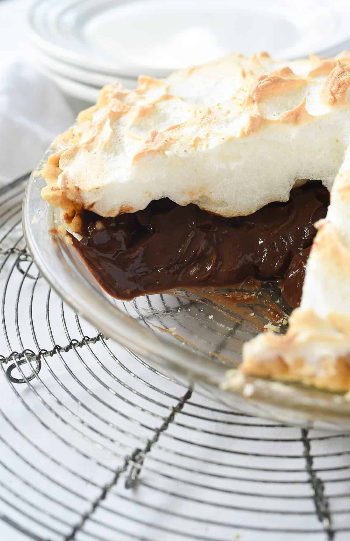 sliced chocolate meringue pie