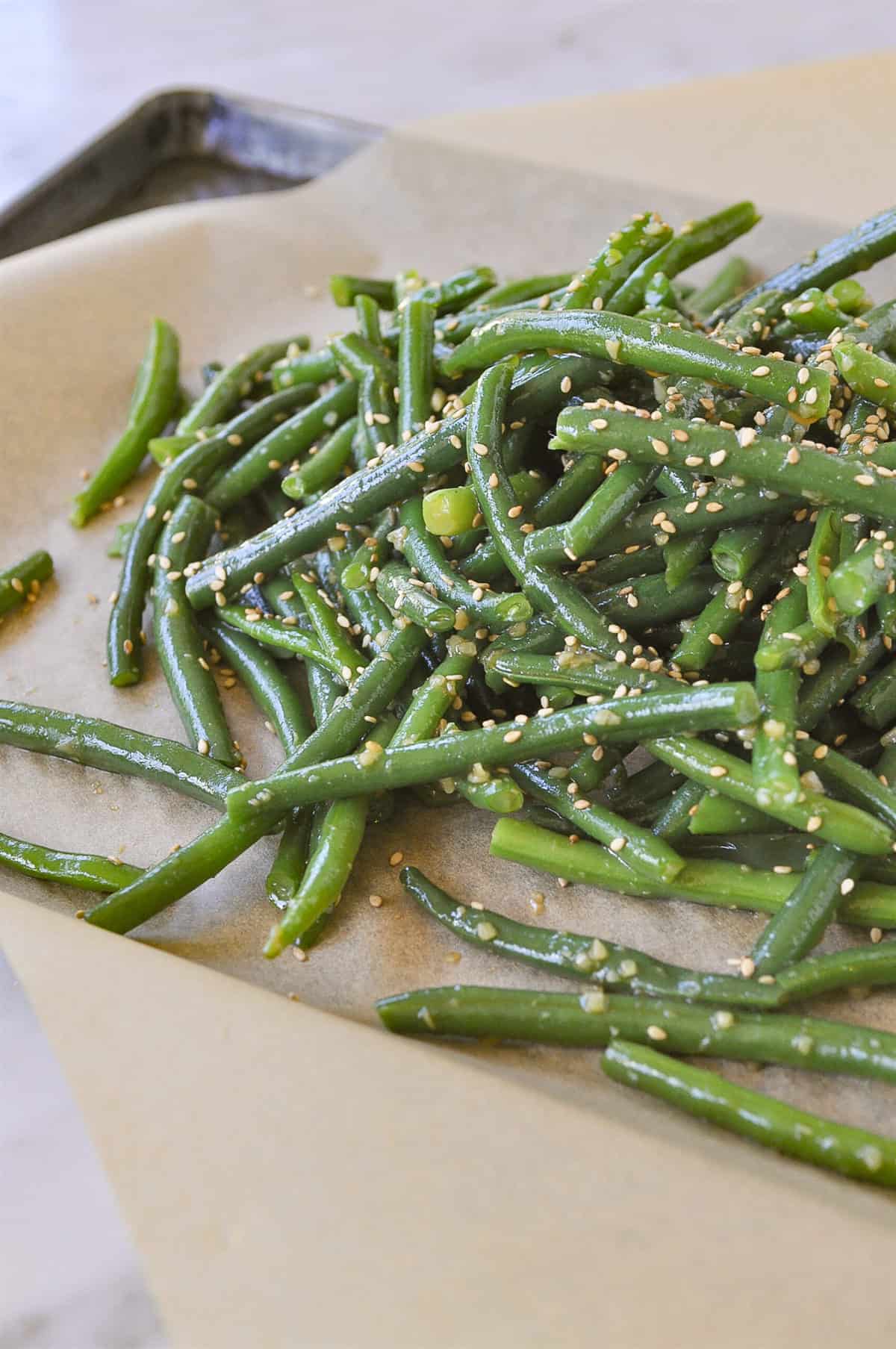 pile of green beans on paper