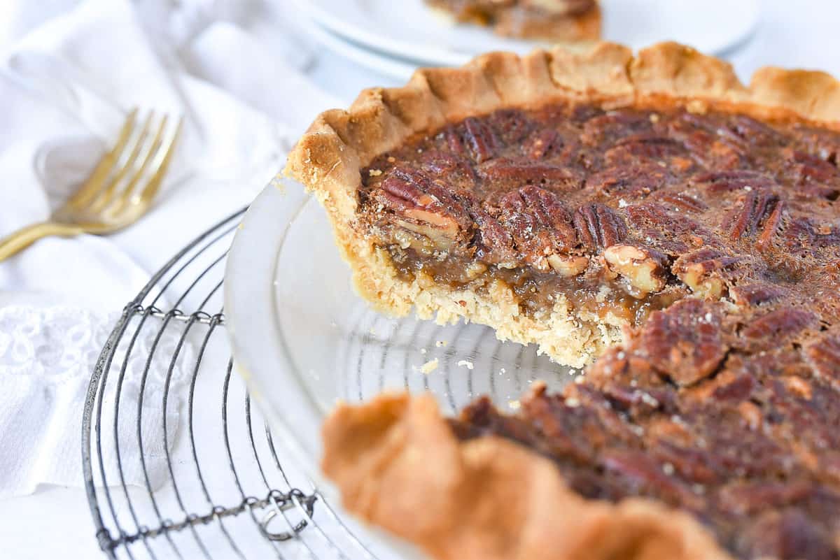 pecan pie with a slice missing