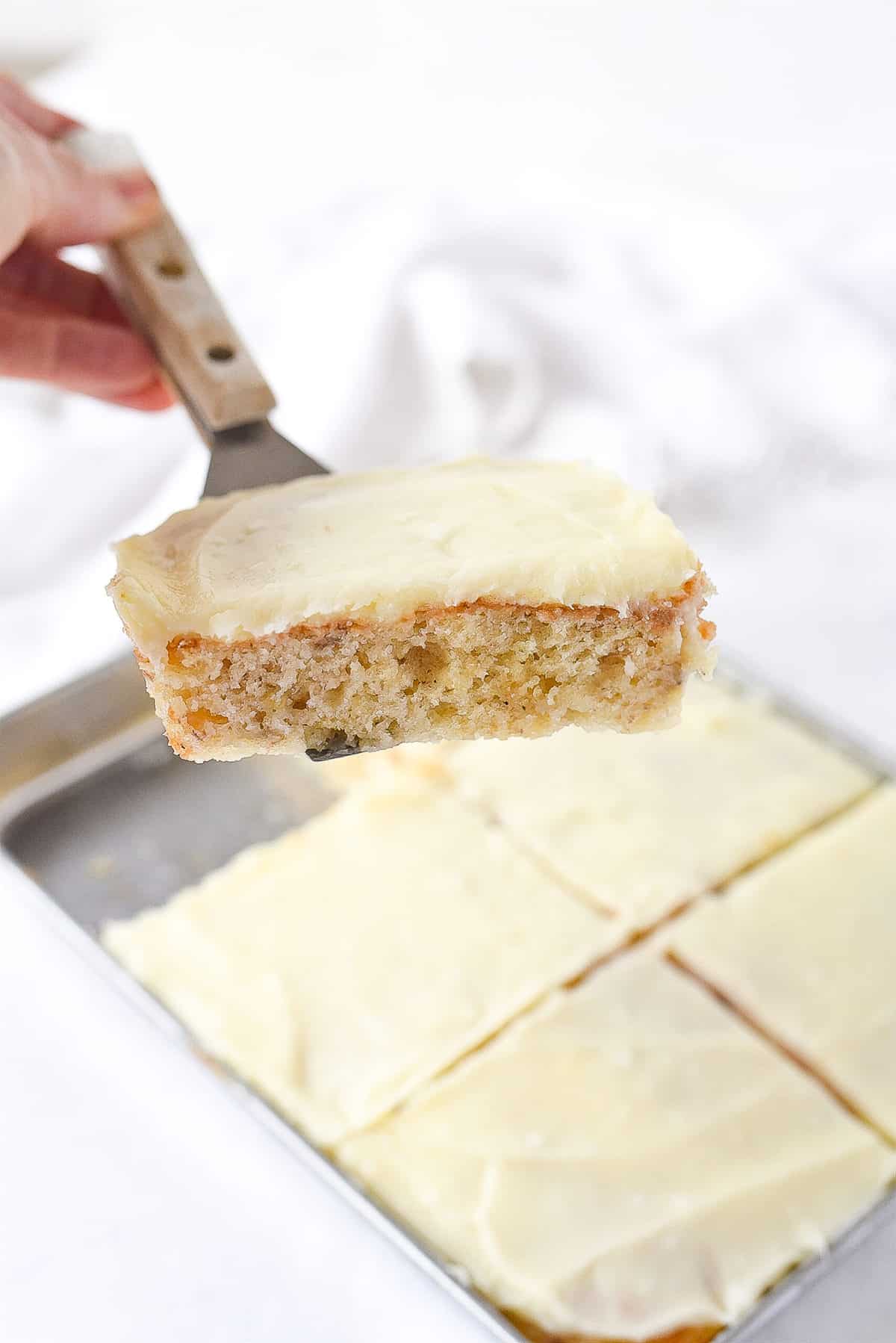 slice of banana bars on a spatula