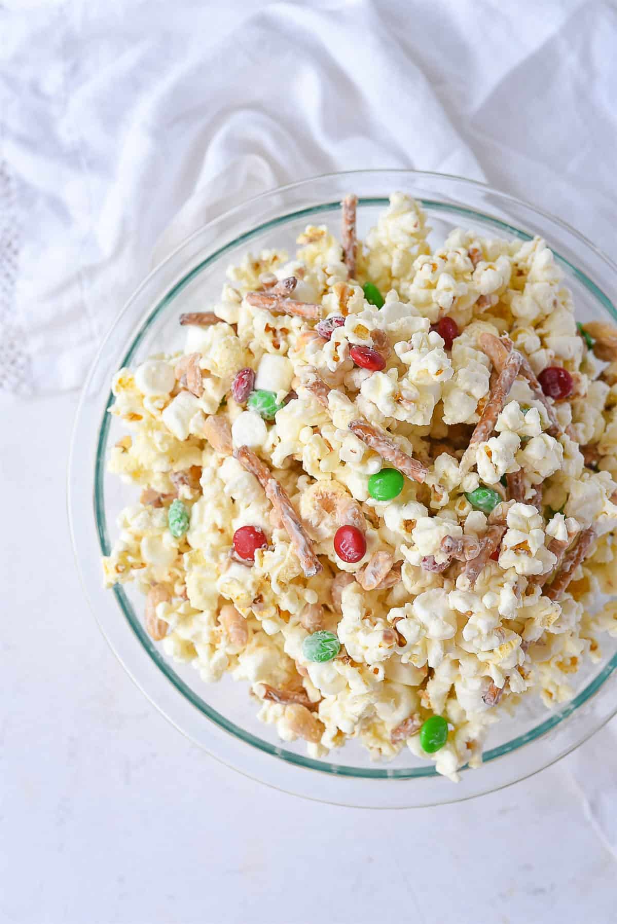 white chocolate popcorn in a bowl