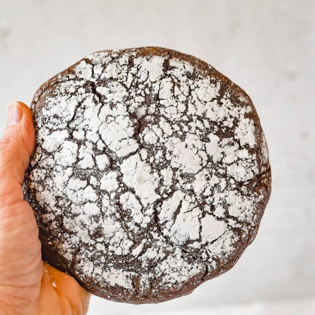 hand holding a giant chocolate crinkle cookie
