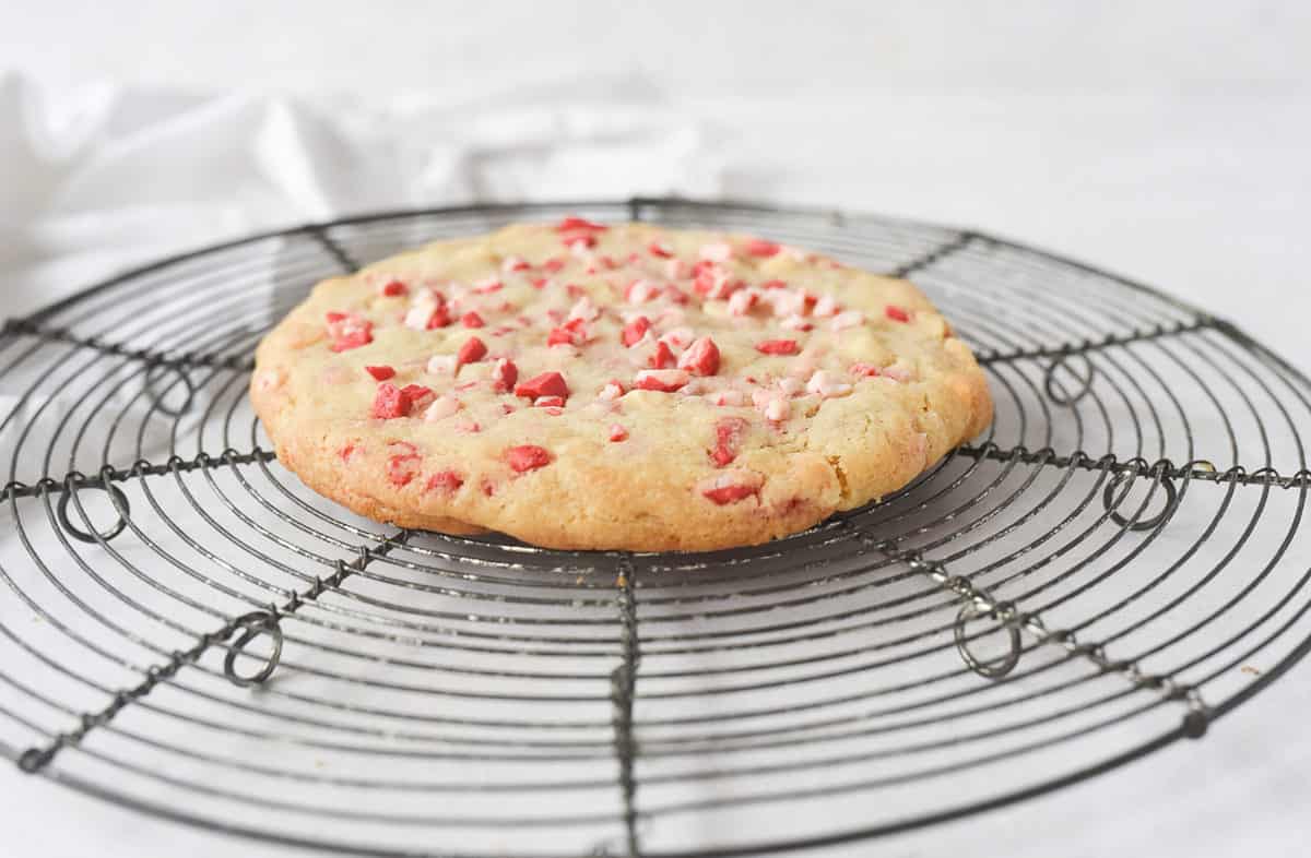 white chocolate peppermint cookie on a cooling rack