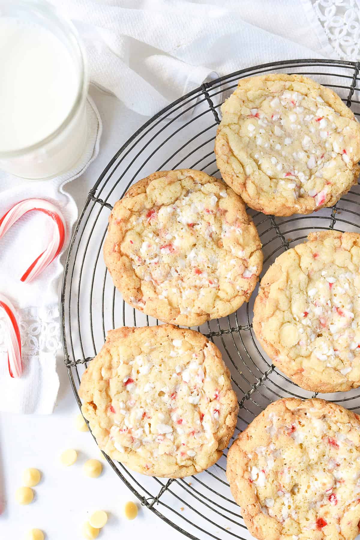 overhead shot of white chocolate peppermint cookies