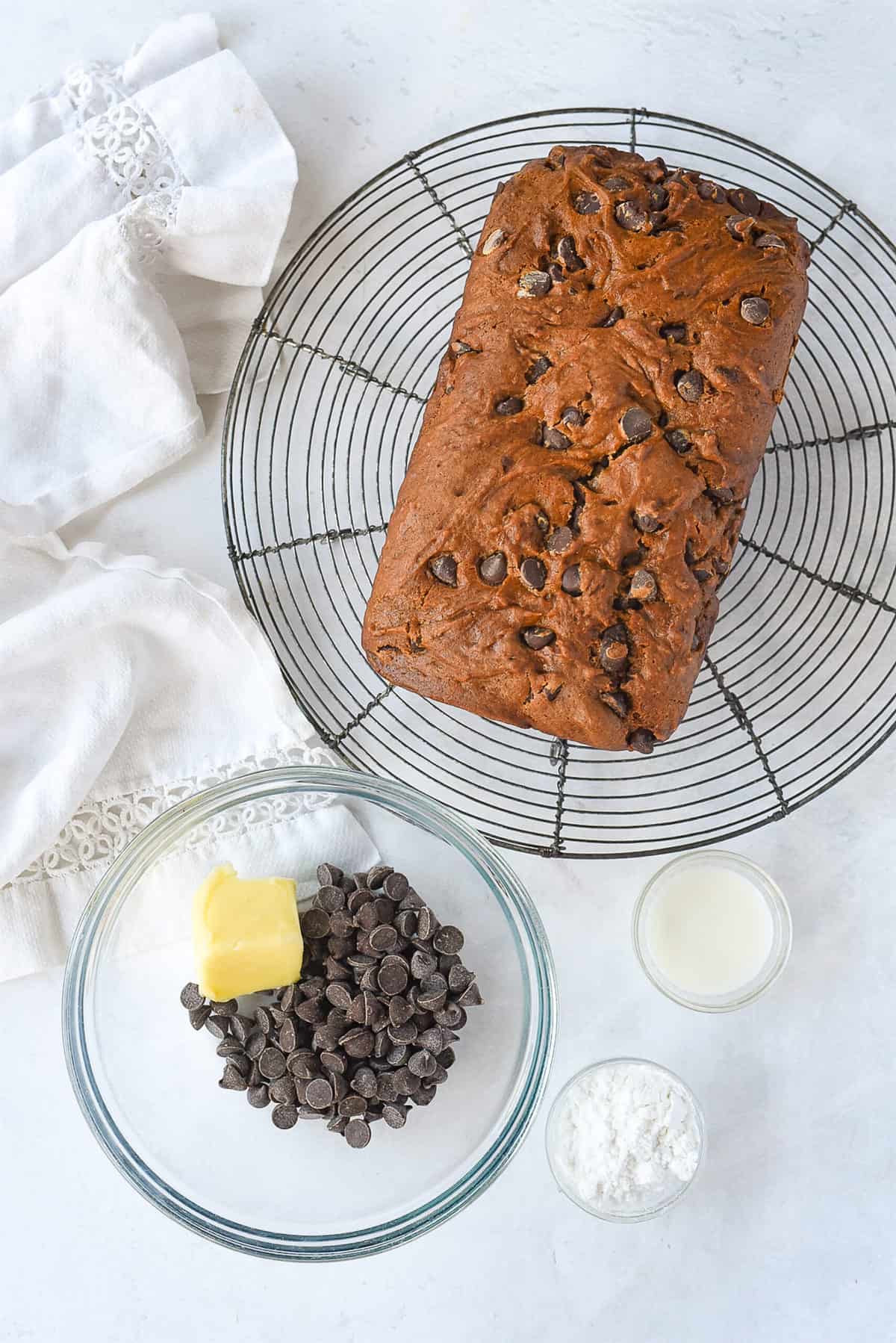 loaf of chocolate chip cinnamon bread cooling