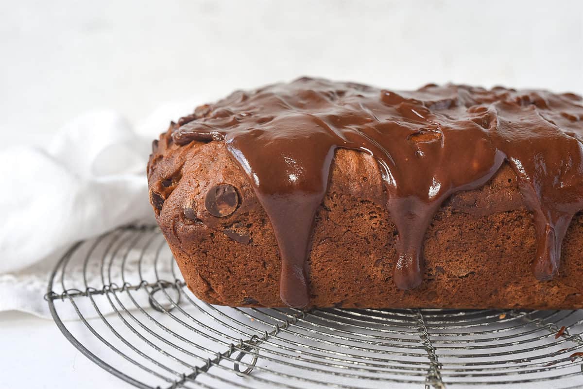 side view of a loaf of chocolate chip cinnamon bread