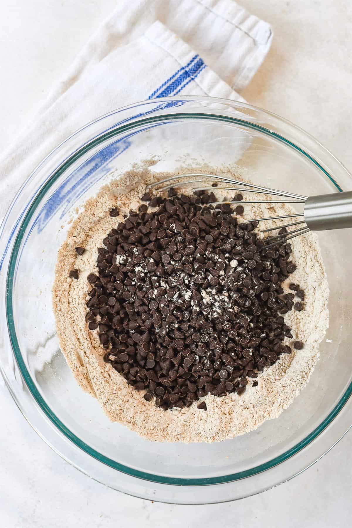 bowl of dry ingredients with chocolate chips