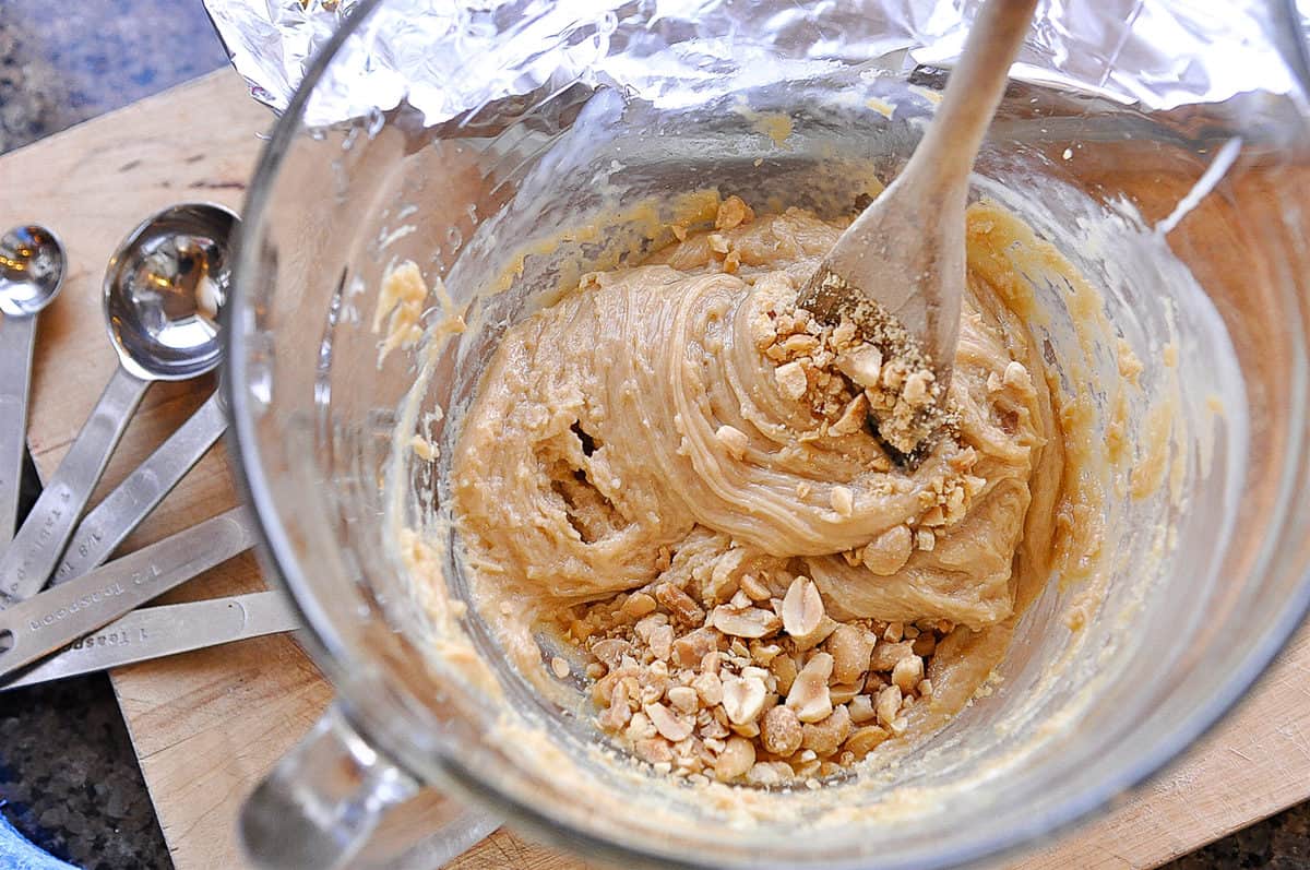 mixing up peanut fudge in a bowl
