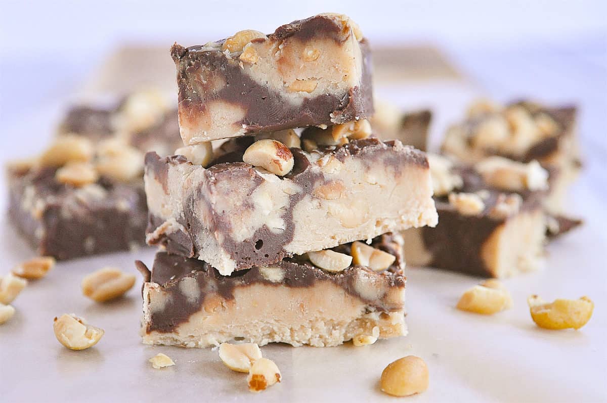 three pieces of chocolate peanut butter fudge