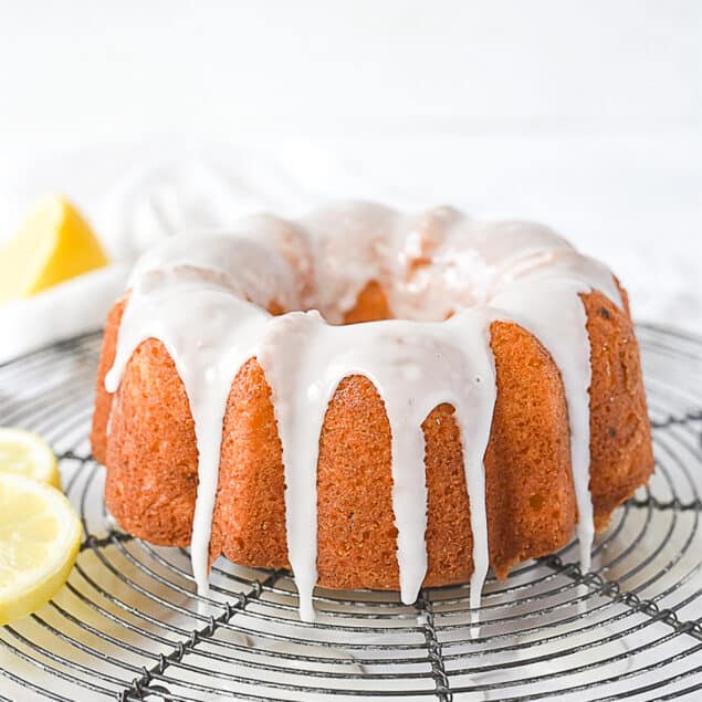 glazed lemon yogurt cake on rack